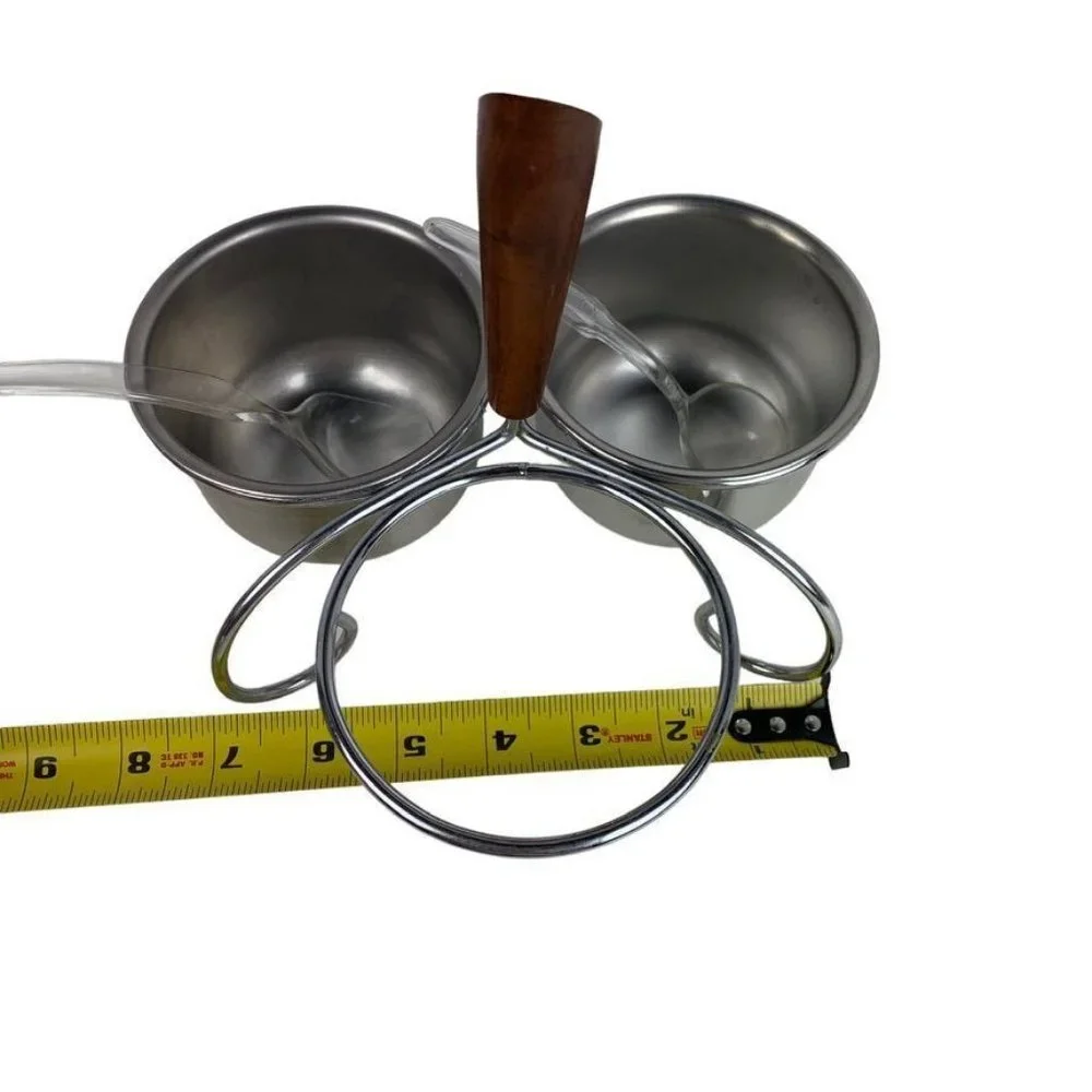 Vintage Midcentury 3 Bowl Condiment Caddy Metal Wood Handle Plastic Spoons‎